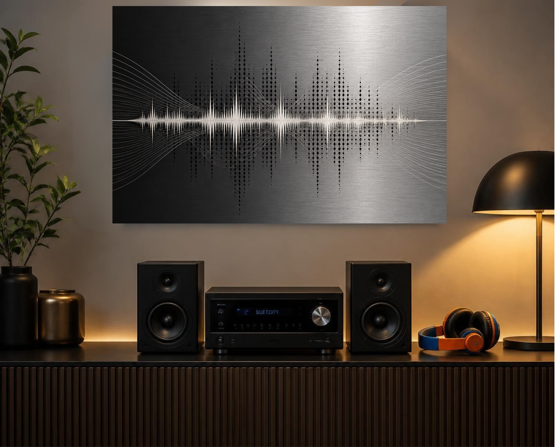 A rectangular wall art piece with a metallic silver background and a white audio waveform design, displayed above a console with speakers, a receiver, headphones, a lamp, and a plant in a modern room setting.