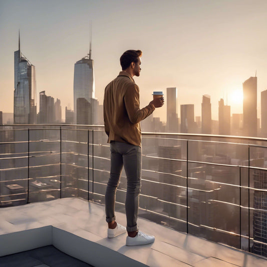 Stylish man holding a coffee cup on a rooftop balcony overlooking a modern city skyline at sunrise, with soft golden lighting and a sleek urban aesthetic.