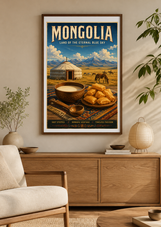 A framed vintage-style travel poster reading “Mongolia” hangs on a beige wall above a wooden cabinet in a styled living room. The poster depicts a grassy landscape with mountains, a yurt, camels, and food items, while the room includes a chair, lamp, books, and plant.