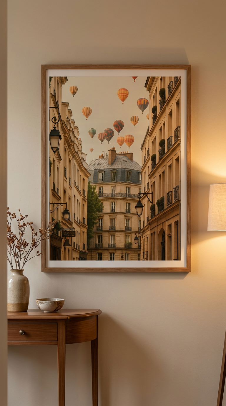 Montmartre Paris poster with hot air balloons displayed in cosy neutral hallway entrance