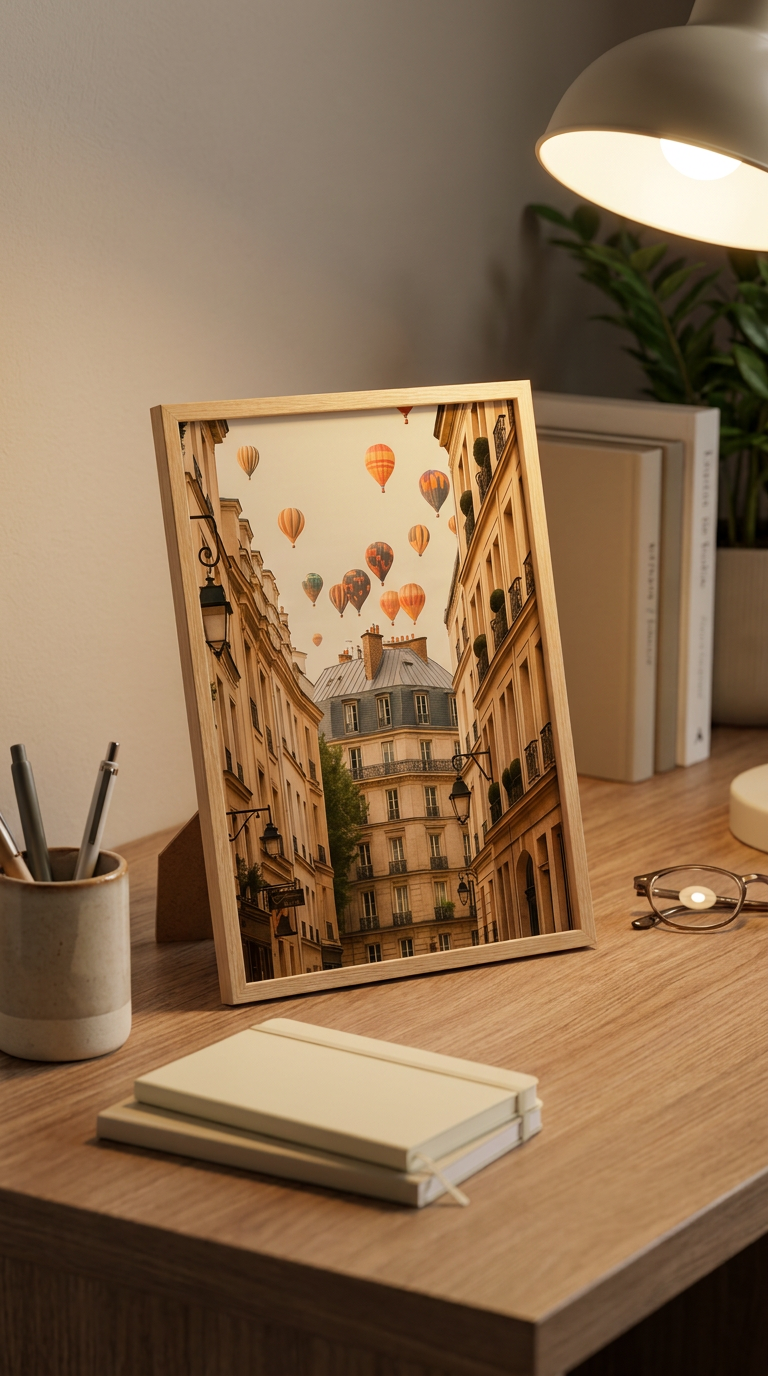 Paris hot air balloon wall art poster styled above modern wooden desk with warm ambient lighting