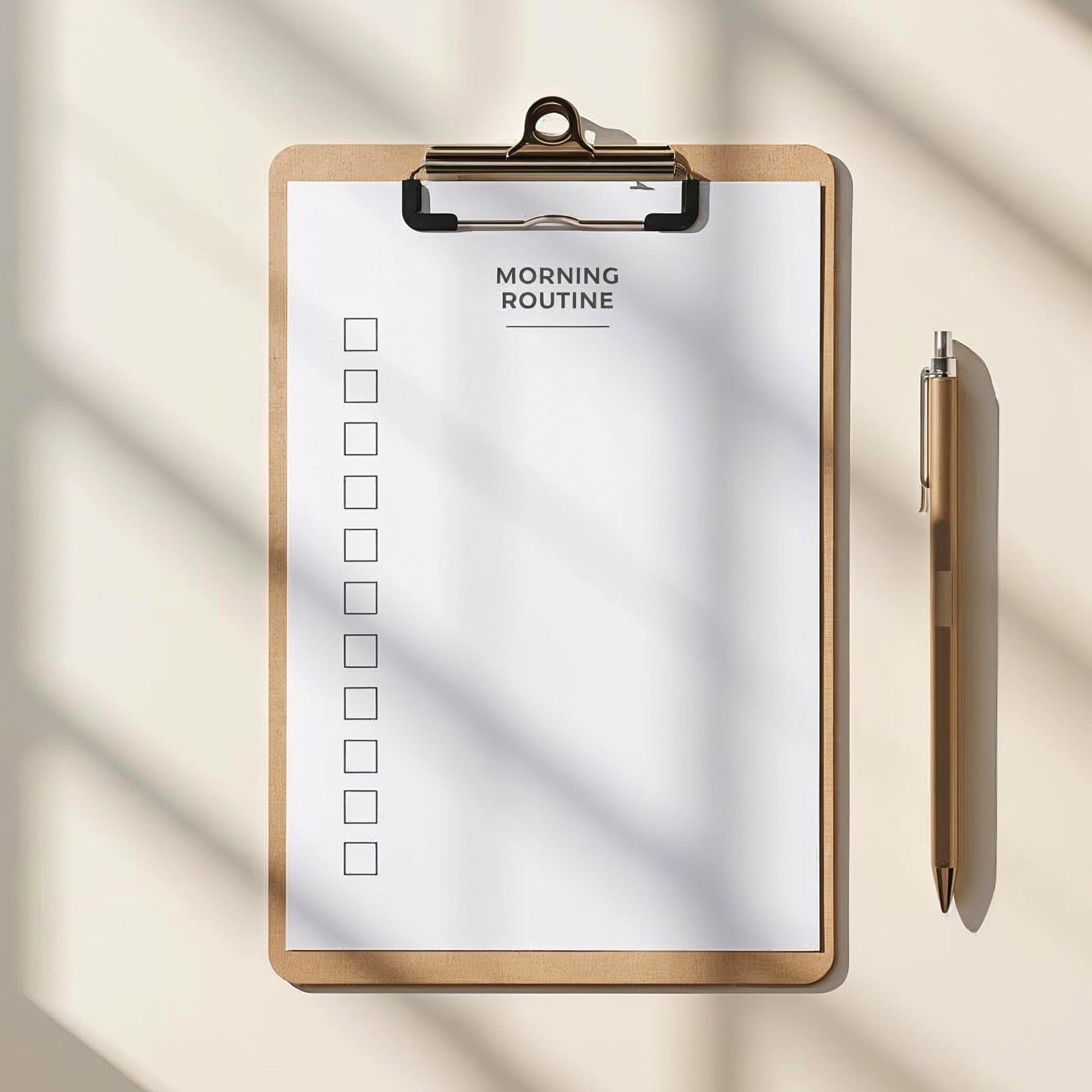 Neutral clipboard with morning routine checklist on desk with soft sunlight and clean copy space for productivity or planner content