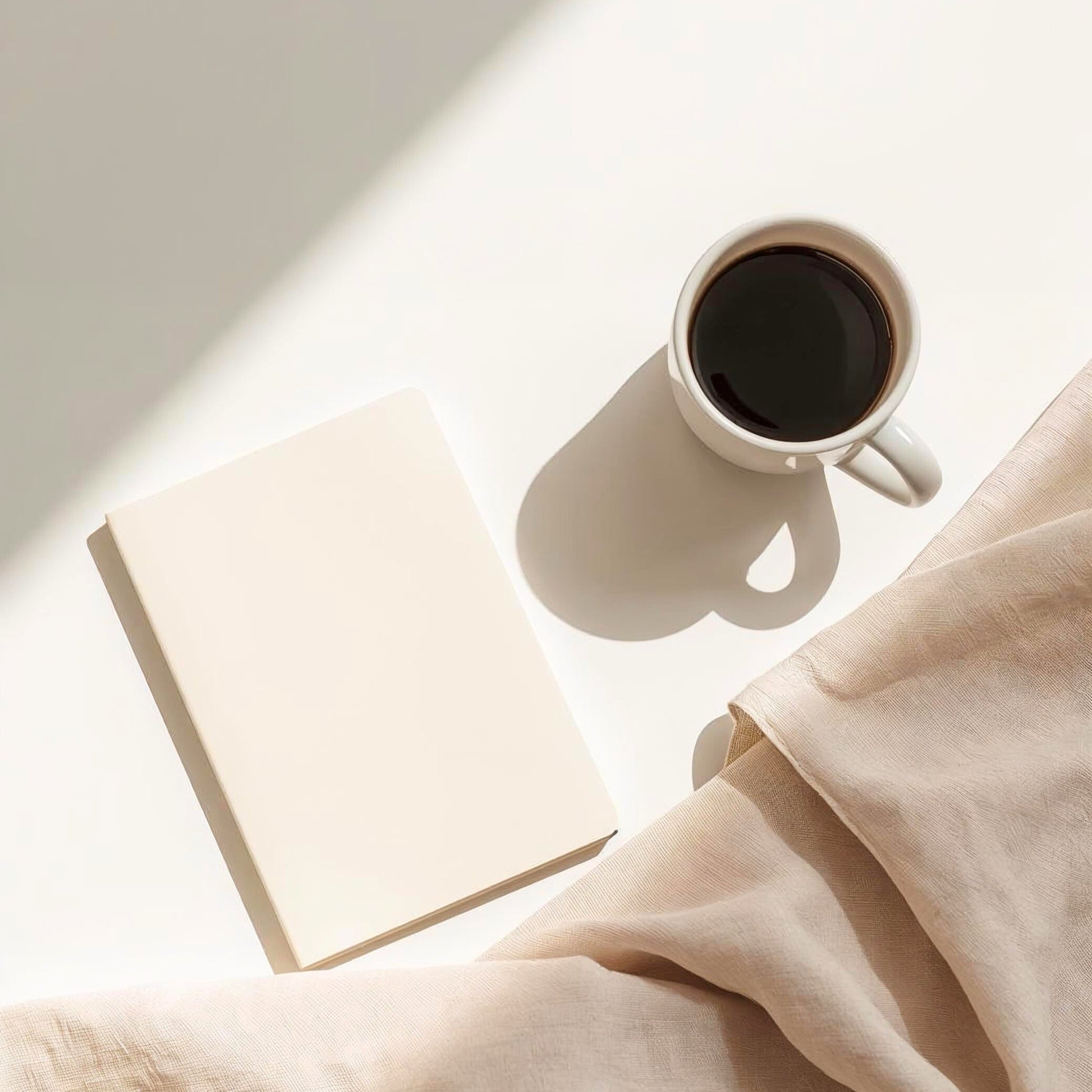 White mug with coffee, notebook, and blanket on a light surface