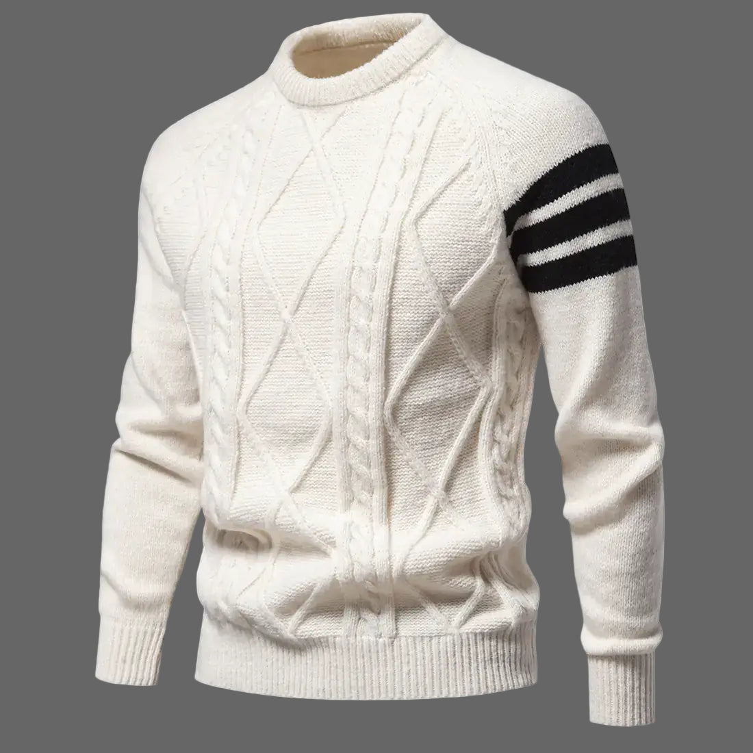Front view of a men’s retro sweater with black triple stripes on the left sleeve, featuring a ribbed hem and cable knit texture.