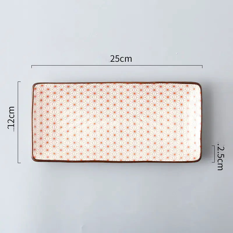 Nordic Japanese underglaze ceramic small fish plate with geometric pattern, dimensions 25cm x 12cm, ideal for sushi and snacks.