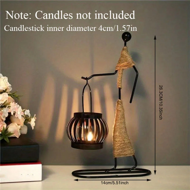 Decorative candle holder with dimensions and a note about candles not included.