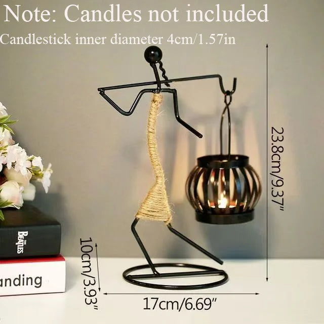 Decorative candle holder shaped like a person with dimensions displayed
