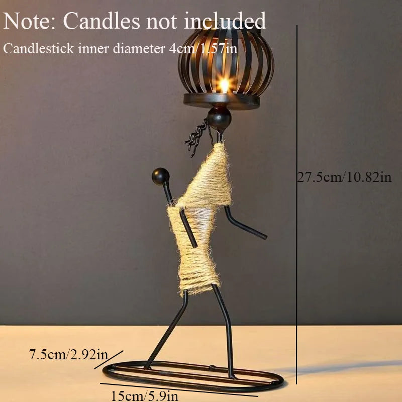 Decorative candle holder shaped like a person with measurements on a plain background