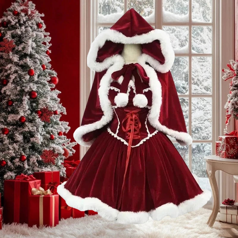 Christmas Red Dress & Cloak Set – Women’s Plus Size Festive Holiday Cosplay Outfit