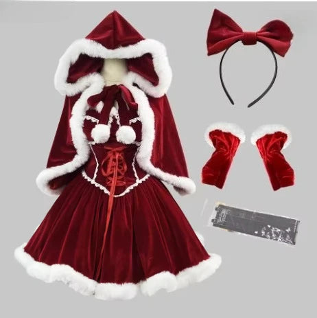 Red velvet costume with white fur trim, headband, gloves, and a ruler on a gray background