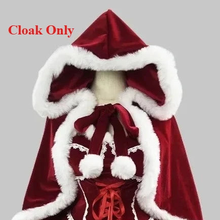 Red cloak with white fur trim on a gray background