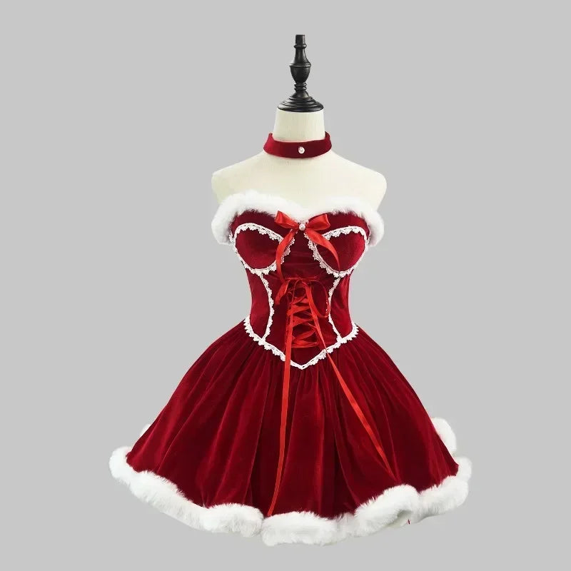 Red velvet dress with white trim on a mannequin against a gray background