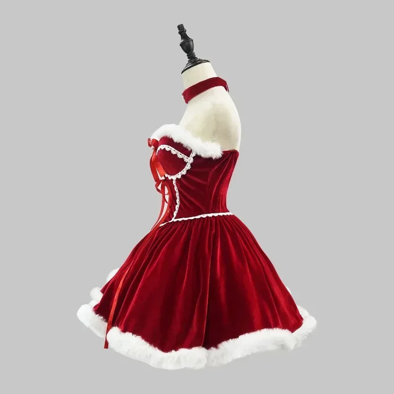 Red dress with white trim on a mannequin against a gray background