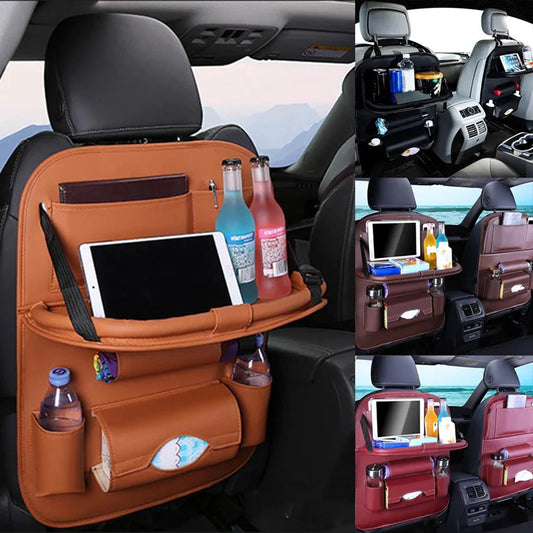 Car seat organizer with multiple pockets and compartments, used in a car interior.