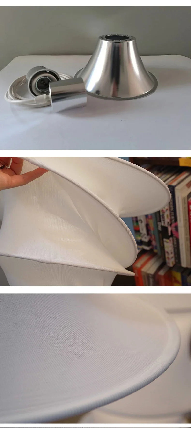 Metallic cone-shaped object and white plastic component on a white surface.