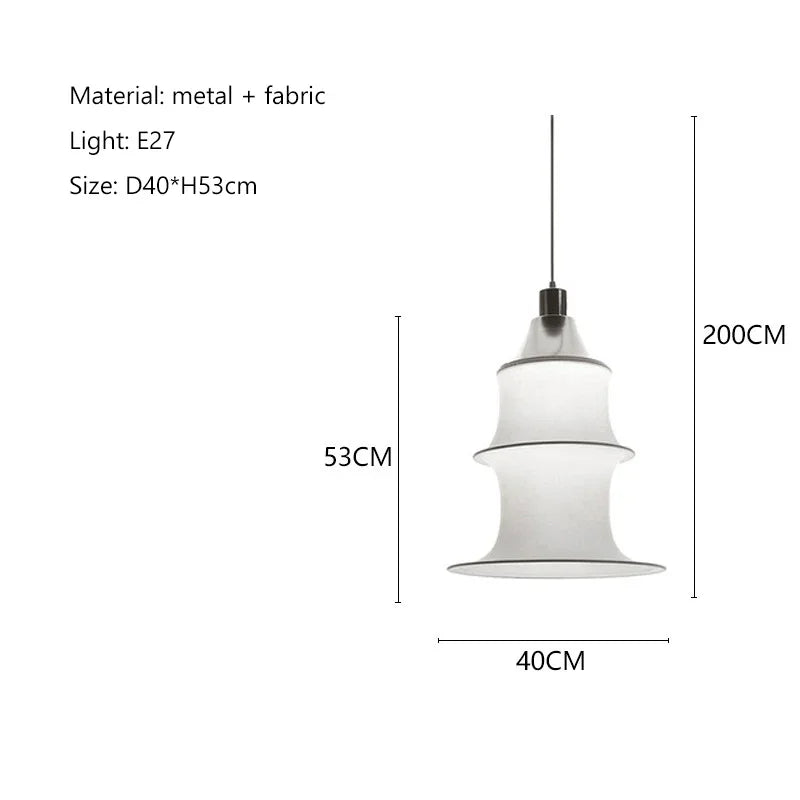 Pendant light with dimensions and material details on a white background