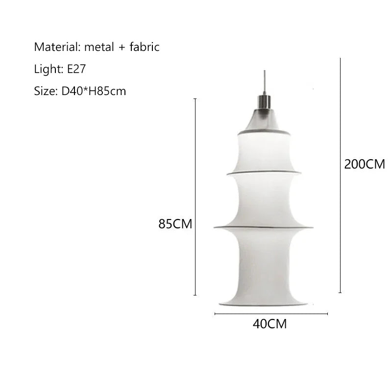 Pendant light with dimensions and material details on a white background