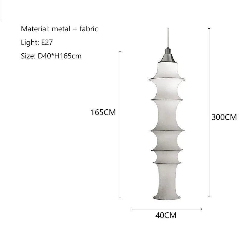 Pendant light with dimensions and material details on a white background