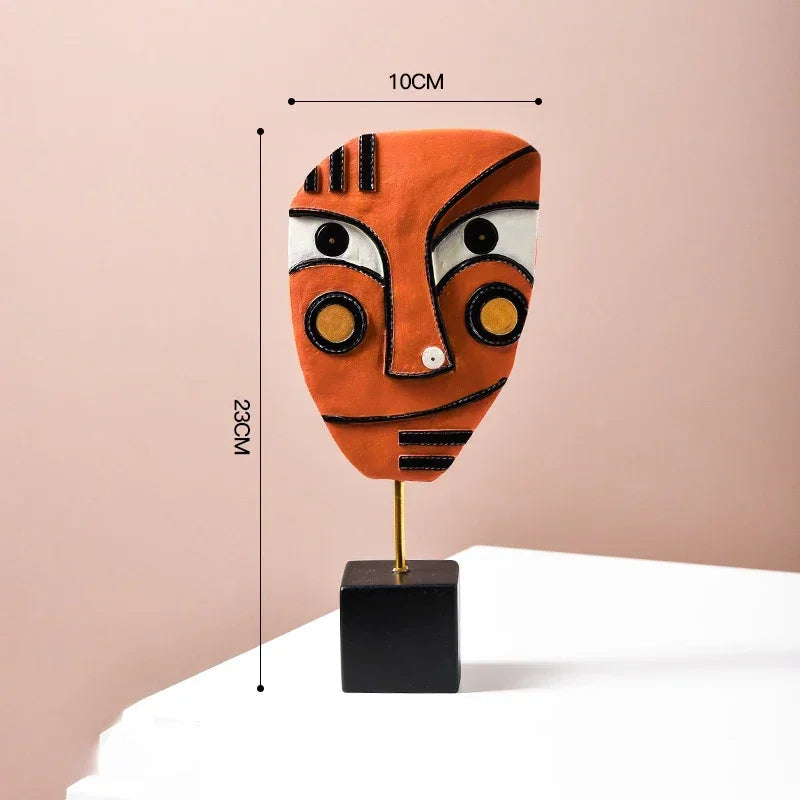 Decorative mask on a stand with measurements against a beige background