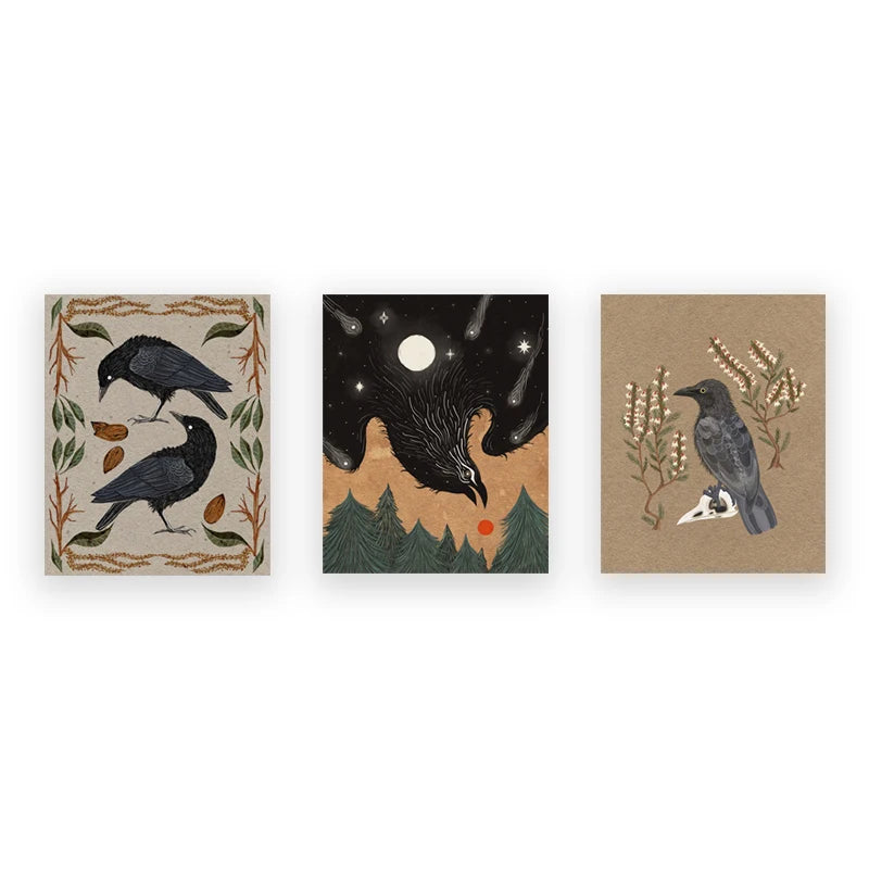 Three artistic cards featuring crow illustrations on a white background