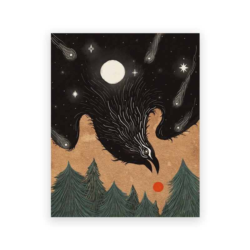 Art print of a large bird with a moon and stars in the background, set against a forest landscape.