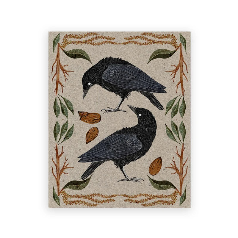 Decorative panel with two black birds, leaves, and acorns on a beige background