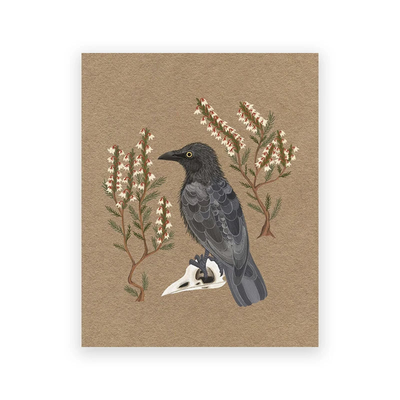 Illustration of a crow with floral elements on a brown background