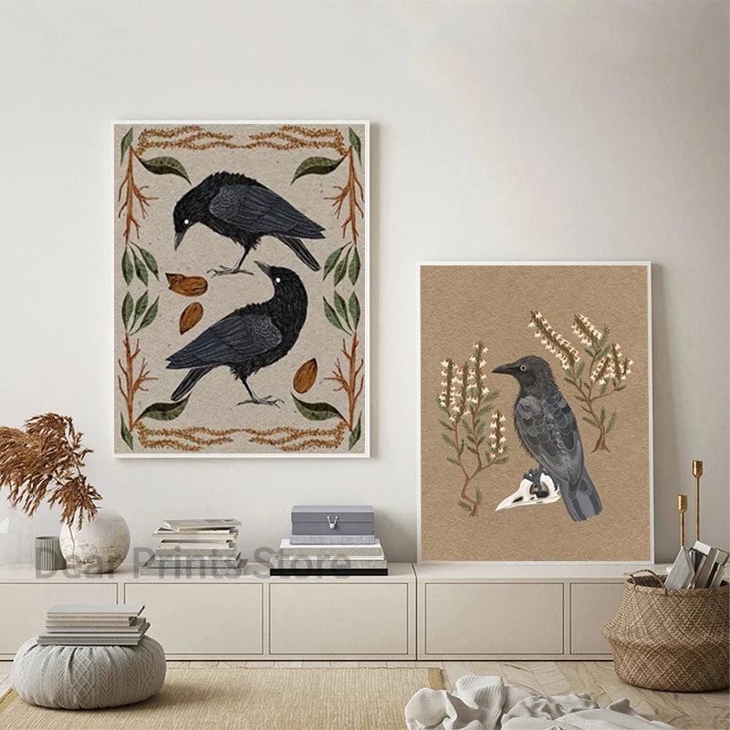 Two framed artworks of birds on a wall in a living room setting.