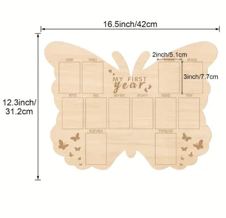 Butterfly-shaped wooden milestone board with measurements on a white background