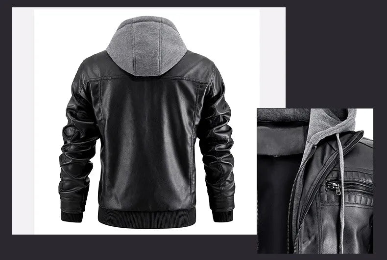 Black leather jacket with gray hood on a white background