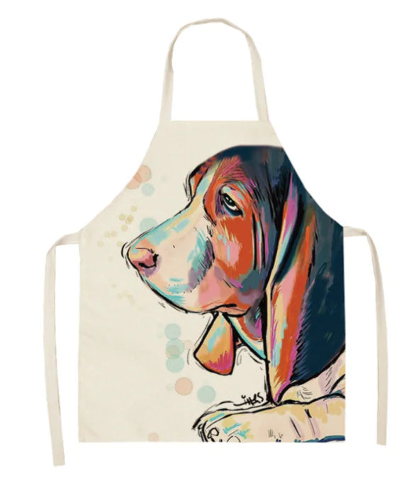 Apron with a colorful dog illustration on a white background