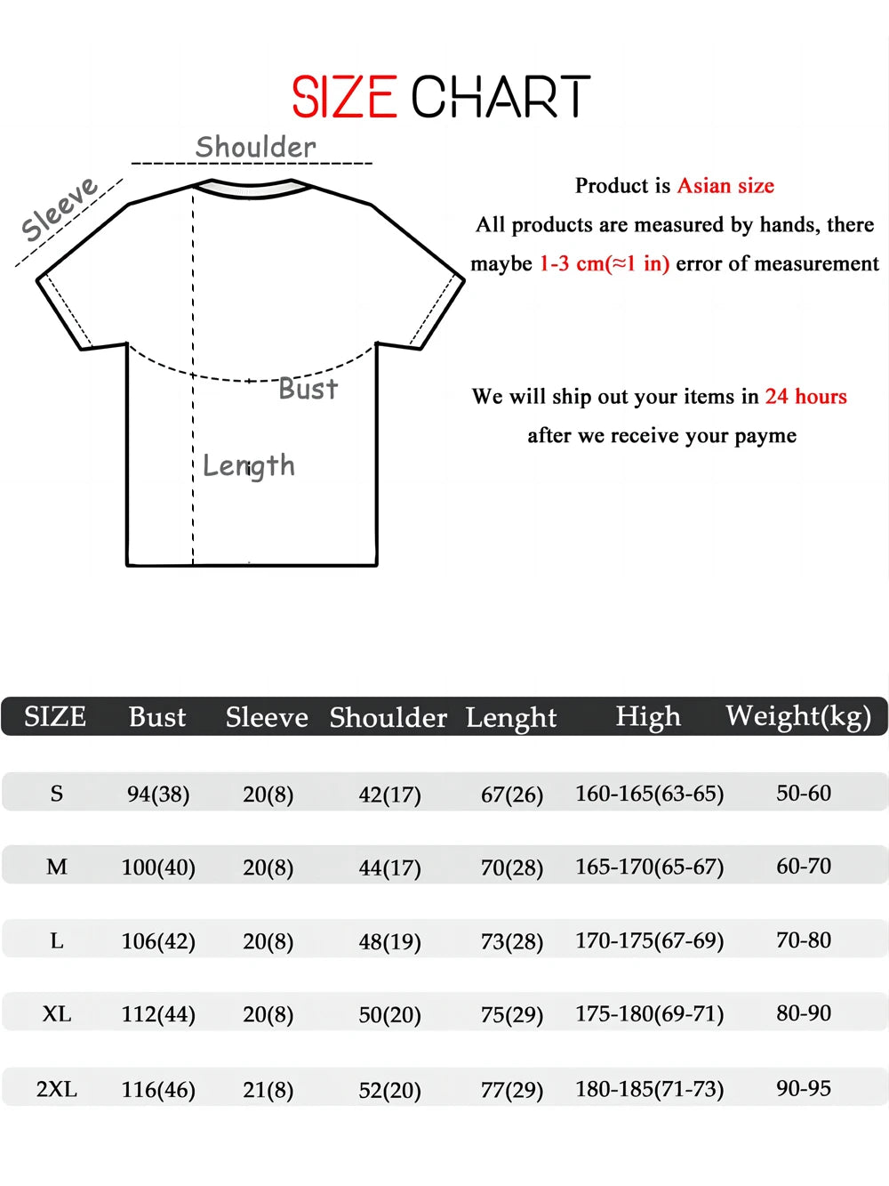 Size chart for shirts with measurements and weight information.