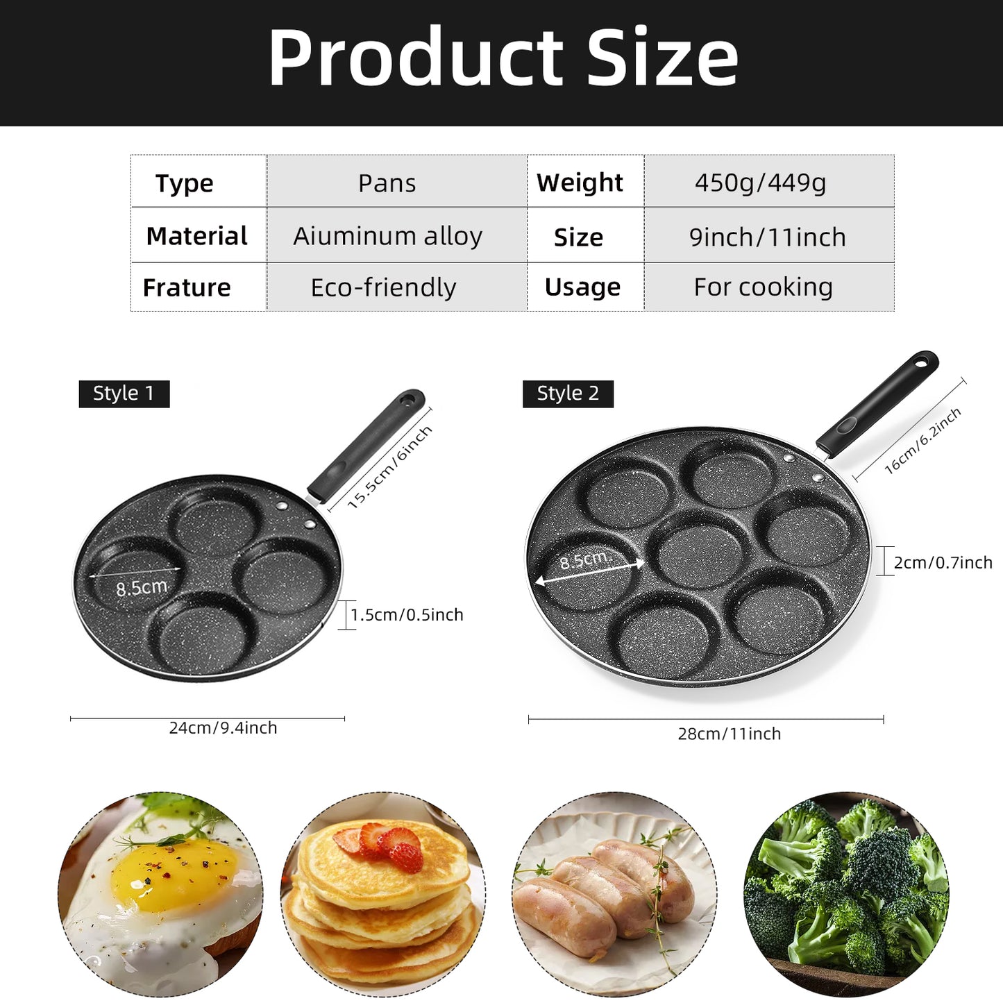 Product size chart and images of pans with food items on a white background
