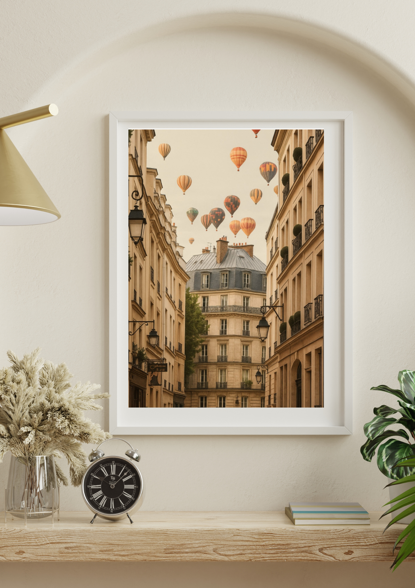 Hot air balloon Paris wall art styled in warm modern lounge with soft neutral decor