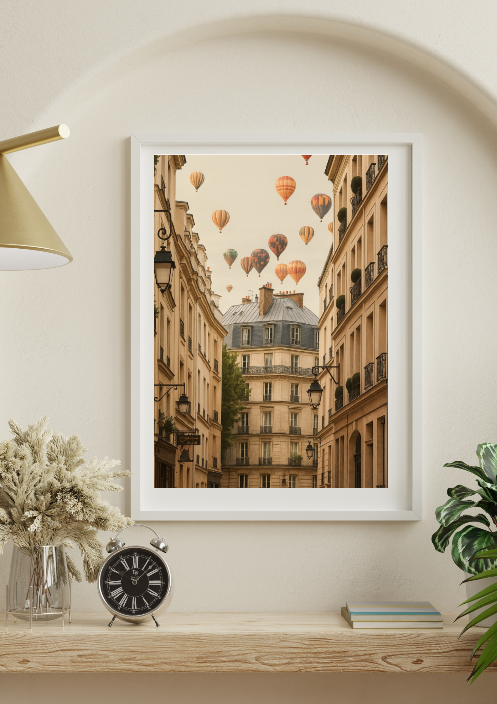 Hot air balloon Paris wall art styled in warm modern lounge with soft neutral decor