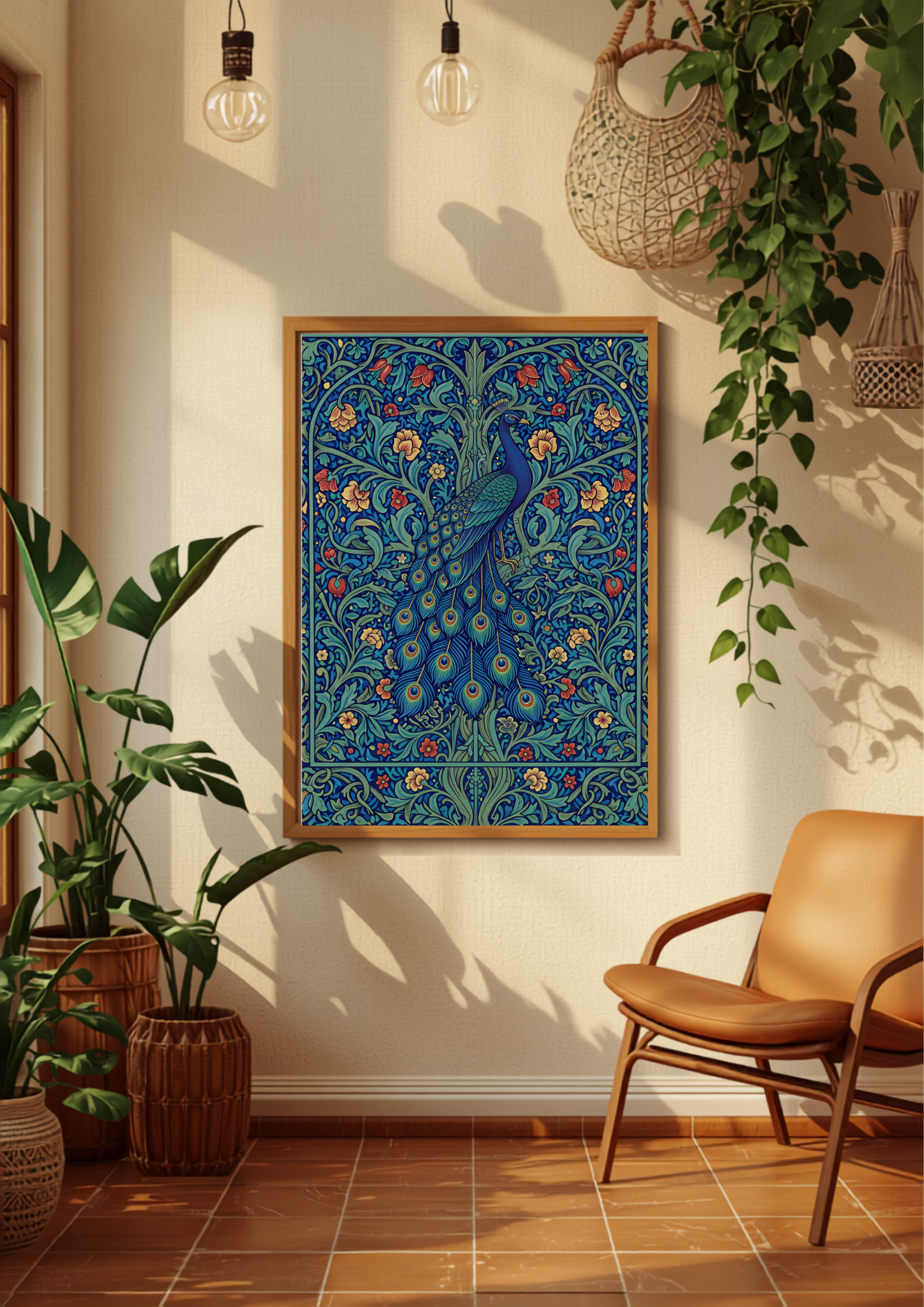 Peacock wall art displayed in a warm sunlit interior with natural wood furniture, plants and neutral décor.