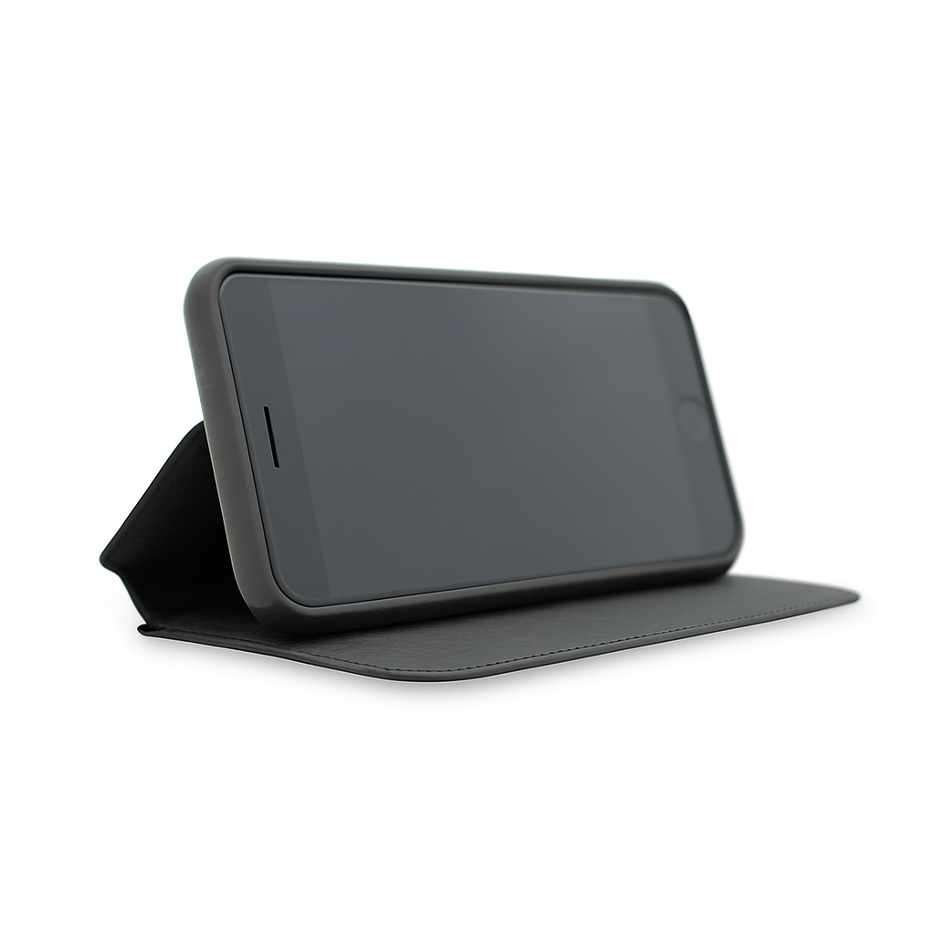 Black biodegradable flip phone case in stand position with a clean, modern design, shown holding a smartphone on a white background