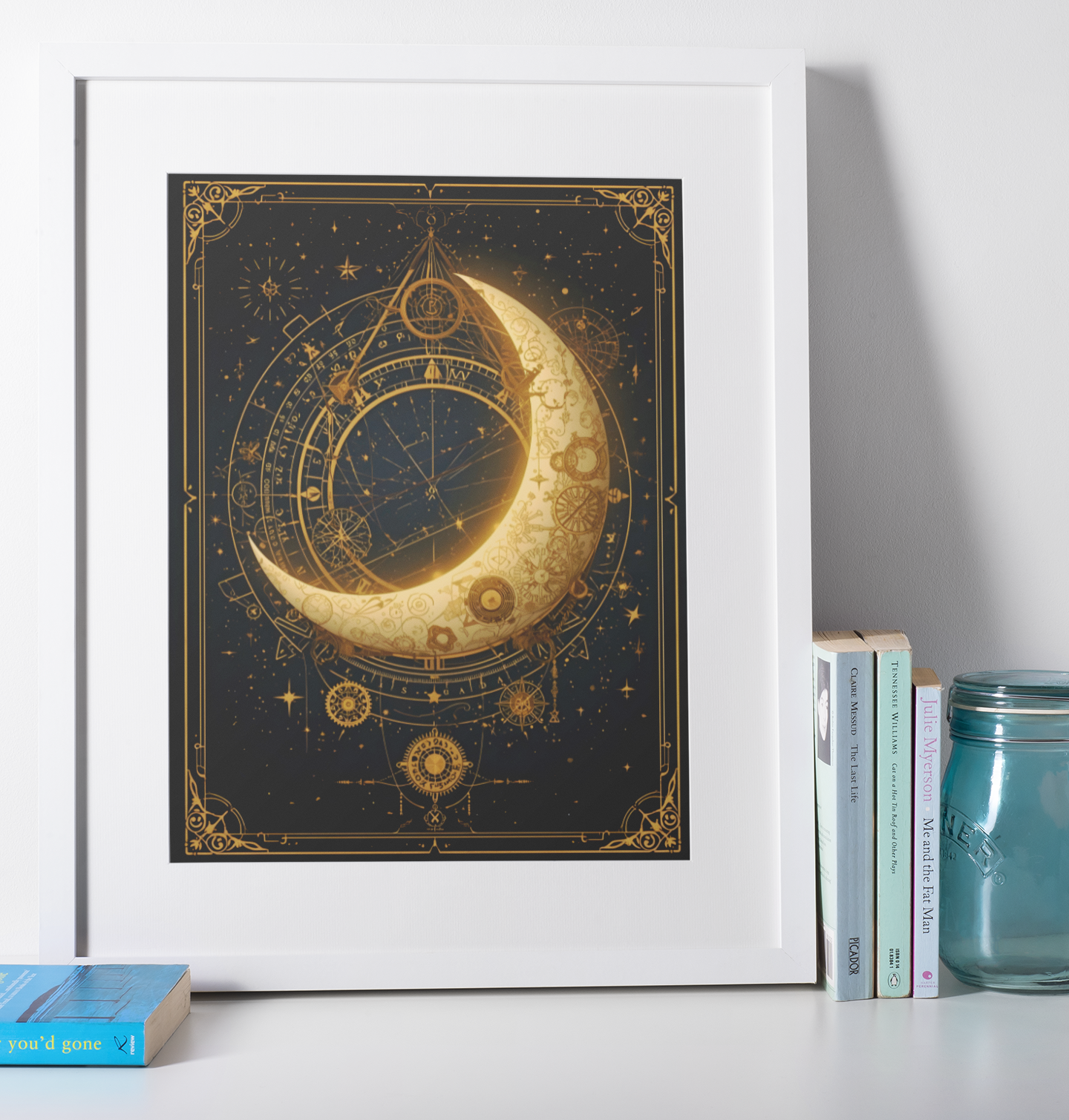 Steampunk crescent moon wall art featuring antique gold clockwork gears and celestial astronomy design on a dark night sky background