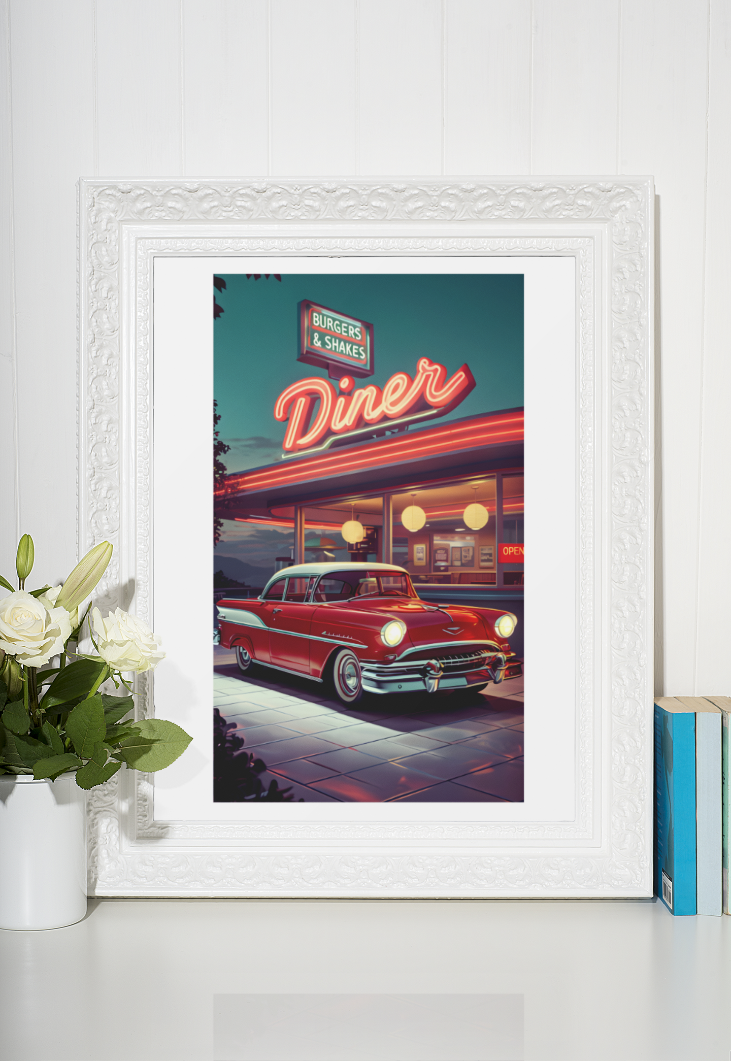 Vintage Red Car and Retro Diner Poster - Classic Americana Wall Art on Semi-Glossy Paper