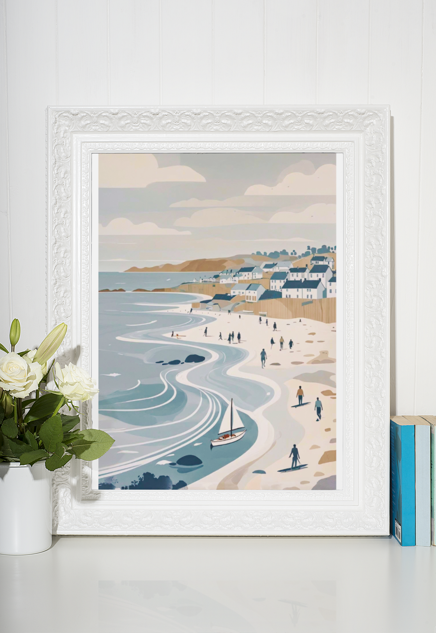 Framed Scandinavian coastal wall art print with flowing waves and seaside village illustration