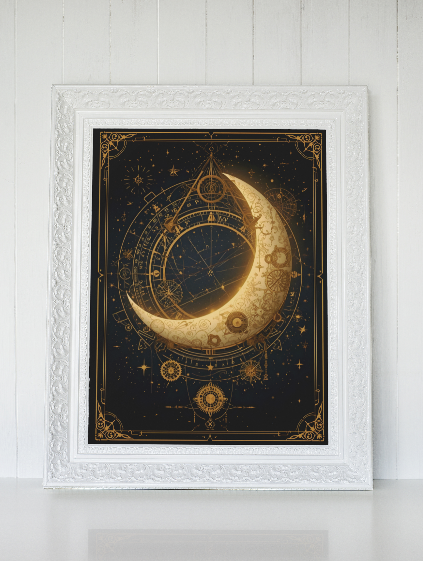 Steampunk crescent moon wall art featuring antique gold clockwork gears and celestial astronomy design on a dark night sky background