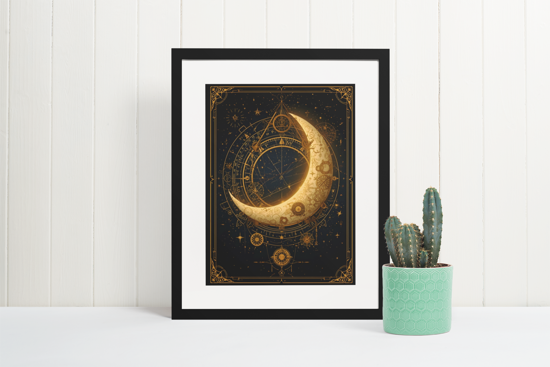 Steampunk crescent moon wall art featuring antique gold clockwork gears and celestial astronomy design on a dark night sky background