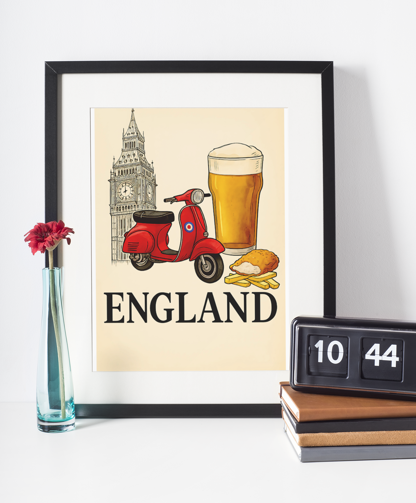 Framed print with a red scooter, pint of beer, and Big Ben on a beige background, with 'England' text.