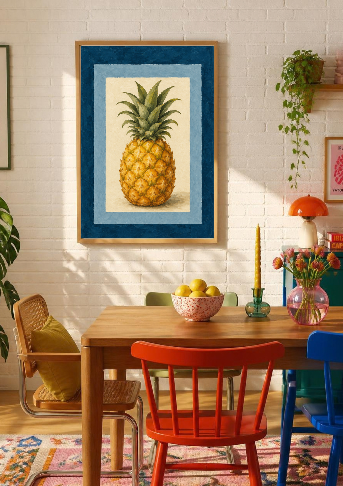 A framed art print of a pineapple hanging on a white brick wall above a wooden dining table with colorful chairs in a bright, modern room.