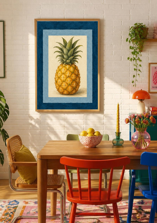 A framed art print of a pineapple hanging on a white brick wall above a wooden dining table with colorful chairs in a bright, modern room.