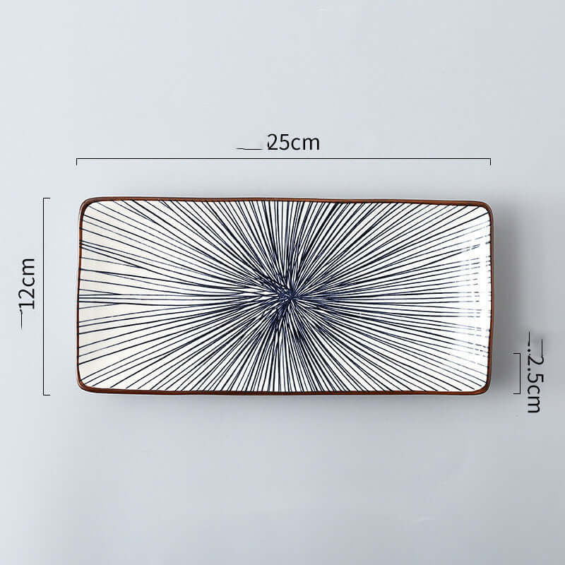 Nordic Japanese underglaze ceramic small fish plate with navy pattern, measuring 25cm x 12cm x 2.5cm.
