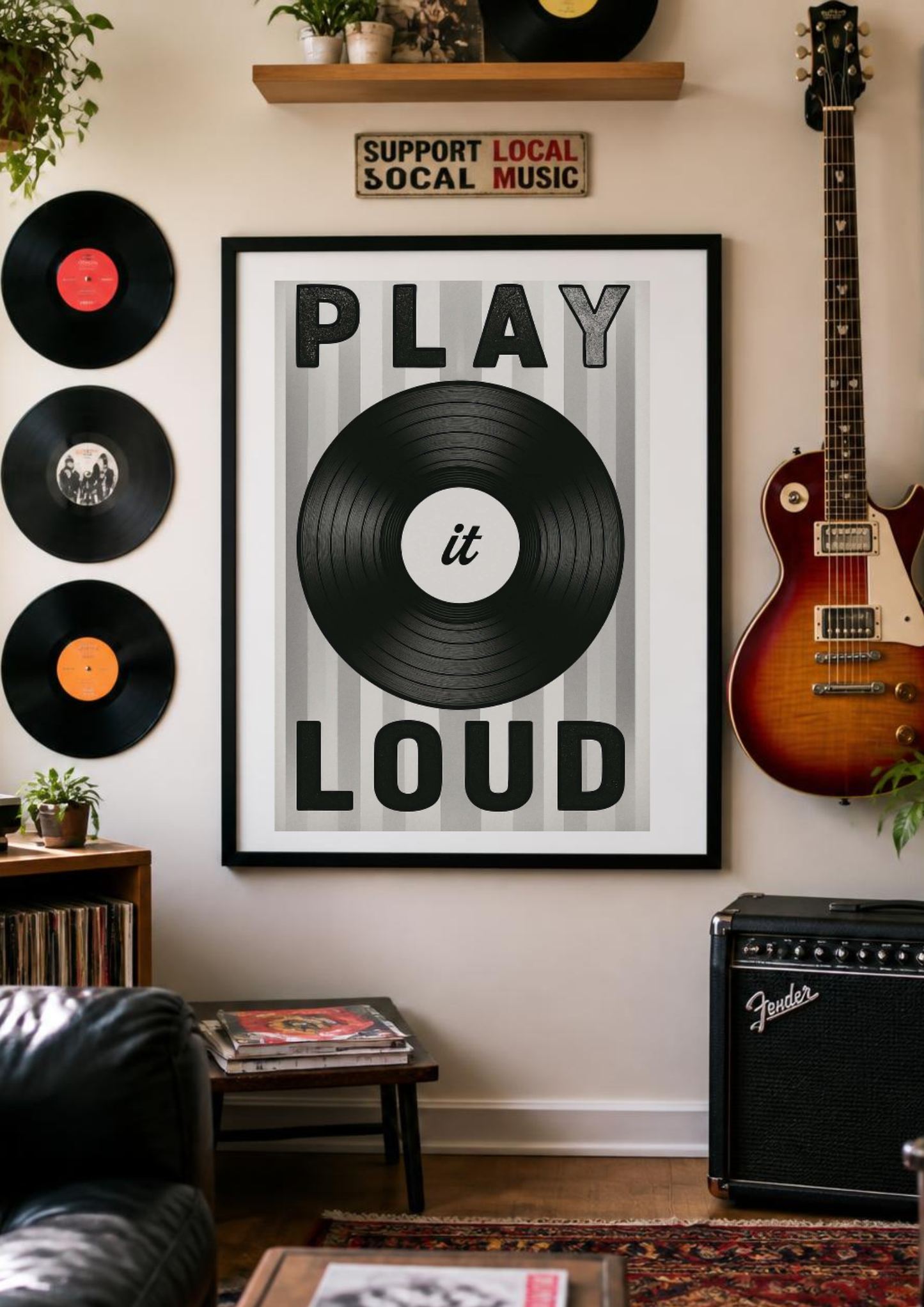 Play It Loud vinyl wall art poster displayed in a music room surrounded by classic rock posters, a record player, vinyl collection and Marshall speaker.