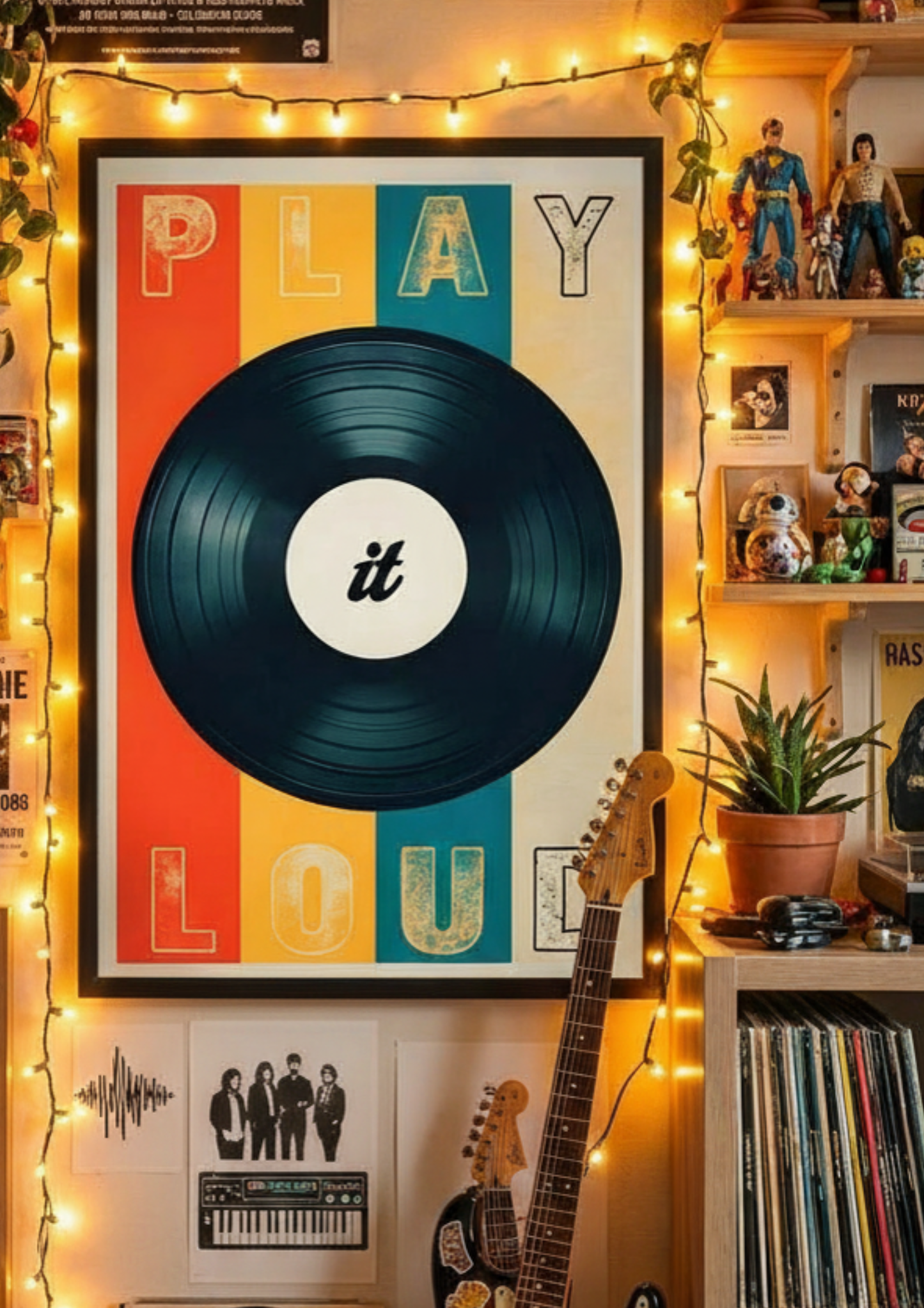 Retro vinyl record wall art poster with guitars, fairy lights and cosy music room decor styling in vintage-inspired interior