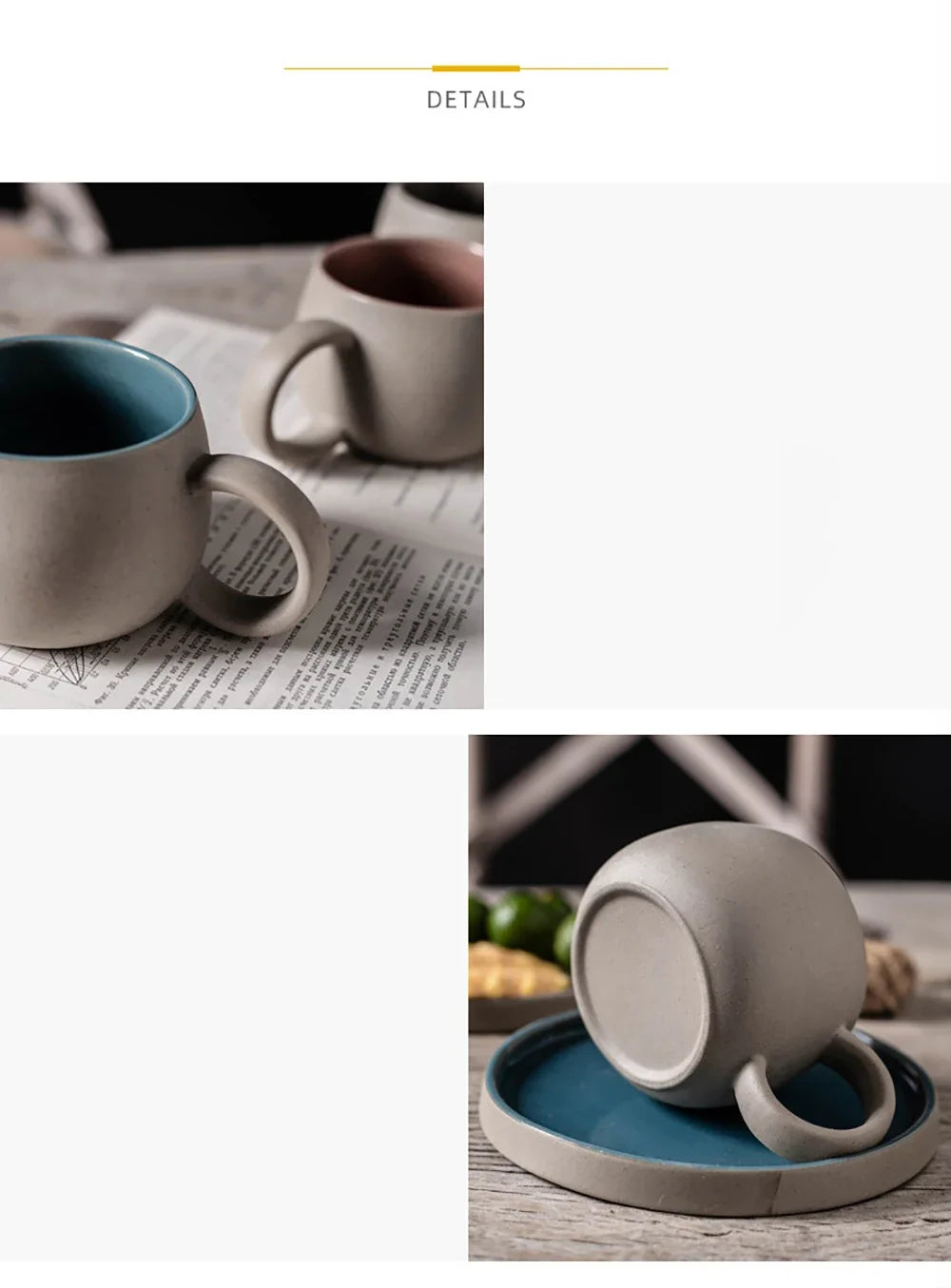 Ceramic mug with blue interior on a newspaper background, followed by a close-up of the mug on a wooden surface.