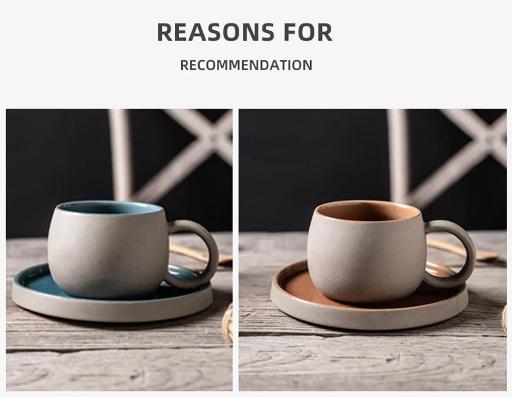 Two ceramic mugs on saucers with a blurred background